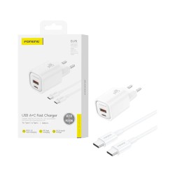Carregador Foneng EU70 2 Portas USB-A+Tipo-C PD 20W com cabo Tipo-C para Tipo-C Branco